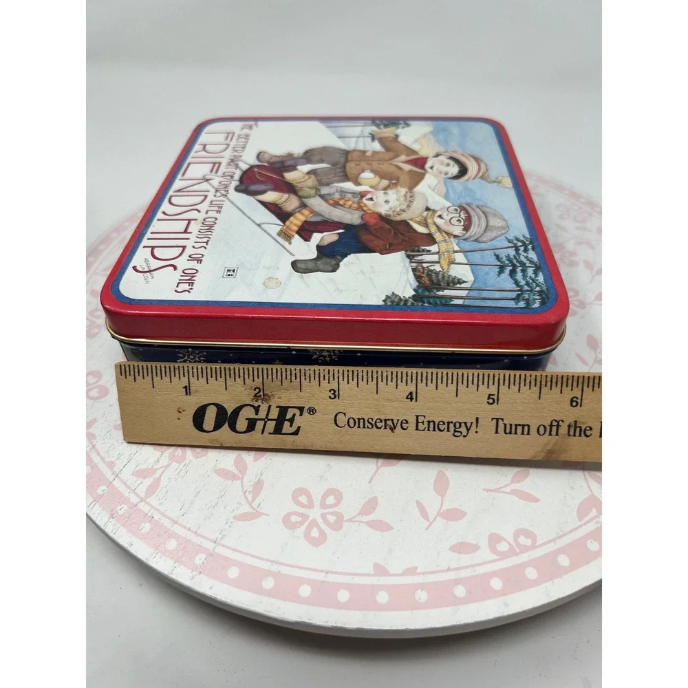 MARY ENGELBREIT Decorative Tin Blue Red Friendship Sledding Winter Scene Box